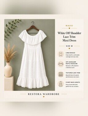 NAOO White Boho Maxi Dress M Off Shoulder Smocked Resort Vacation